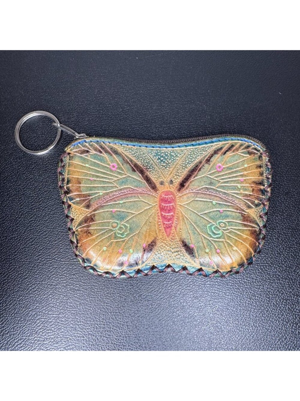 Hand Crafted Leather Butterfly Change Purse Key Ring Hand Sewn Dyed Embossed